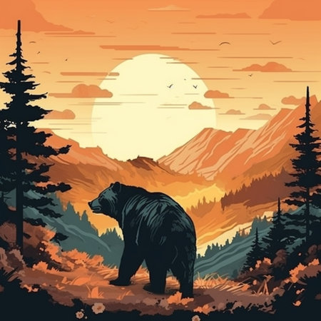 Vector illustration of a bear on the background of the mountains at sunsetの素材