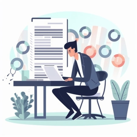 Businessman working on laptop at office. Vector illustration in flat styleの素材