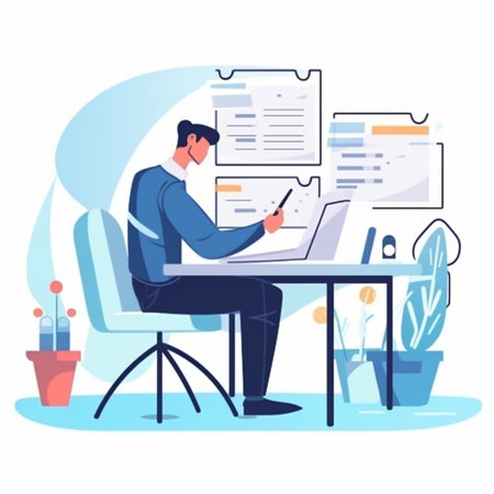 Businessman working on laptop at office. Businessman sitting at desk with documents and papers. Vector illustration in flat styleの素材