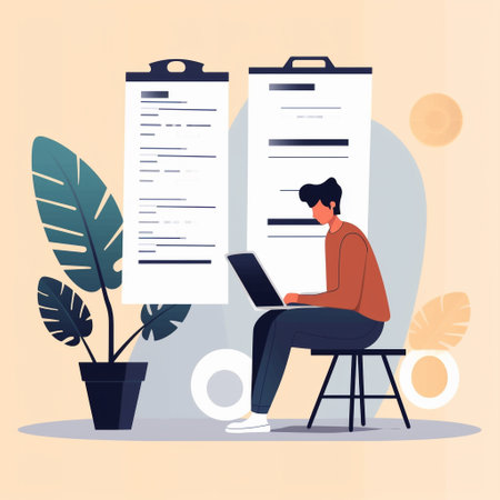 Businessman with laptop and checklist. Vector illustration in flat style.の素材