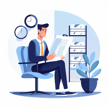 Businessman sitting on chair and reading document. Office life concept. Vector illustration in flat styleの素材