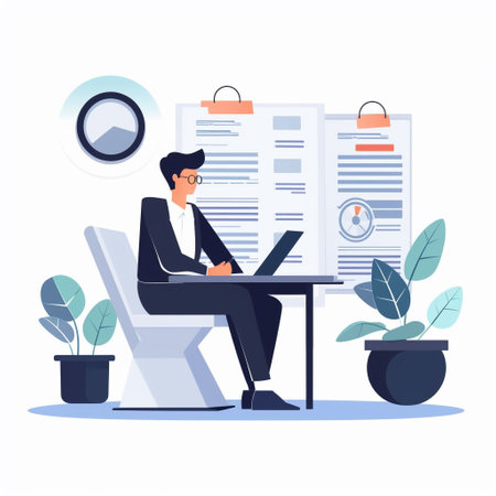 Businessman working on laptop in office. Vector illustration in flat styleの素材
