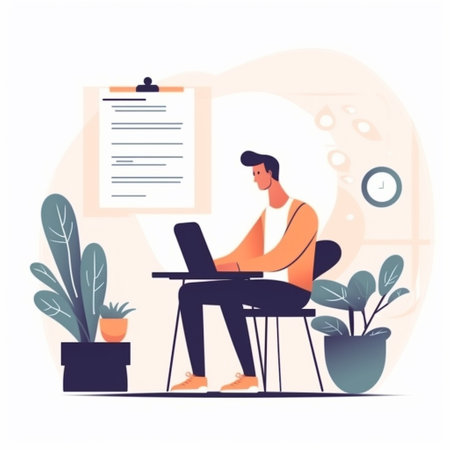Man working on laptop at home office. Freelance, remote work concept. Vector illustration in flat styleの素材