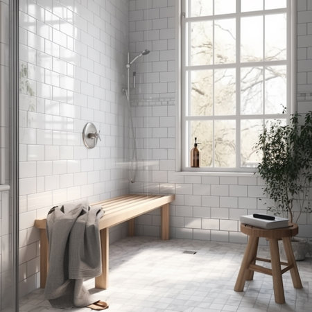 Bathroom interior with a wooden bench and a large window. 3d renderingの素材