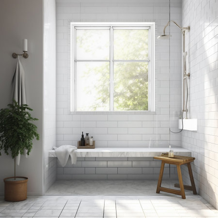Bathroom interior with a white brick wall, a wooden bench and a window. 3d rendering mock upの素材