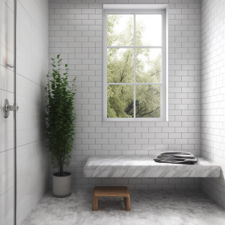 Bathroom interior with white brick walls, a concrete floor, a large window, a wooden bench and a green plant. 3d renderingの素材