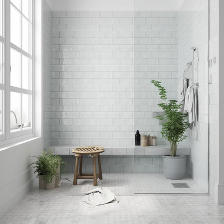 3d render of a modern bathroom with white tile walls and tiled floorの素材