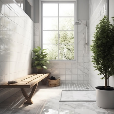 Modern bathroom interior with white tile walls, tiled floor, white bathtub and window with countryside view. 3d renderの素材