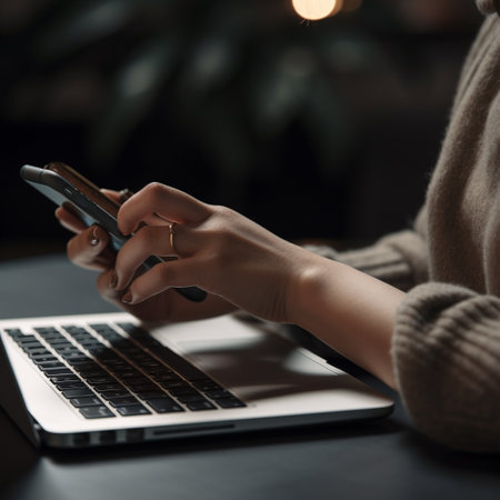 Close up of female hands using mobile phone and laptop on dark backgroundの素材