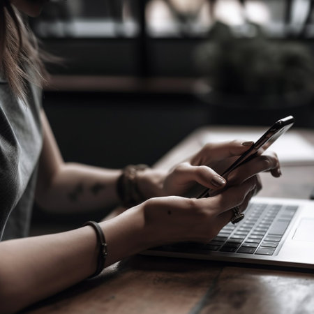 Woman using smart phone and laptop computer in coffee shop. Vintage tone.の素材