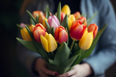 Bouquet of colorful tulips in the hands of a girlの素材