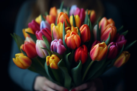 beautiful bouquet of tulips in the hands of a girlの素材