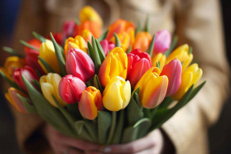 Bouquet of tulips in the hands of a woman.の素材