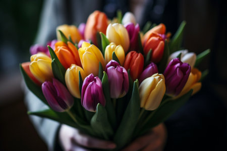 Bouquet of colorful tulips in the hands of a girlの素材