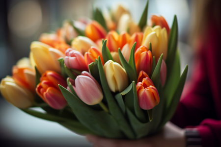 Bouquet of tulips in the hands of a floristの素材