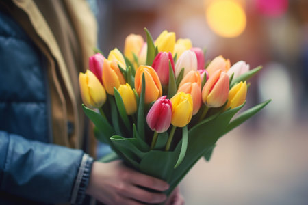Bouquet of colorful tulips in the hands of a girlの素材