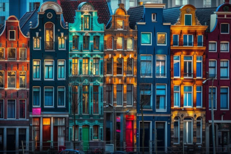 Colorful facades of houses in Amsterdam at nightの素材