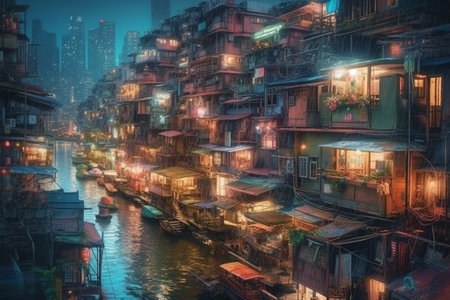 Houses on the banks of the Chao Phraya River in Bangkok, Thailandの素材