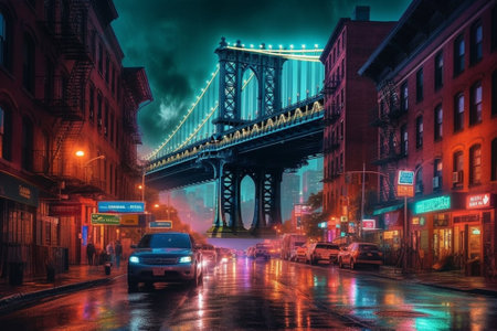 Manhattan Bridge in New York City at night with traffic and cars.の素材