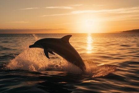 Dolphins jumping out of the water at sunset. Dolphins jumping out of the water at sunset.の素材
