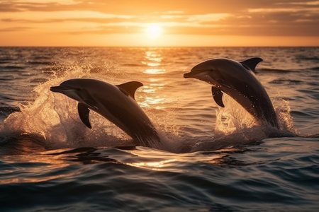 Dolphins jumping out of the water at sunset in the ocean.の素材
