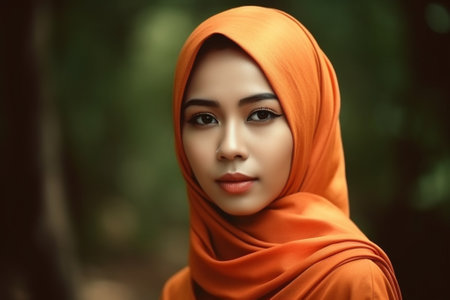 Portrait of beautiful asian muslim woman in red hijab.の素材