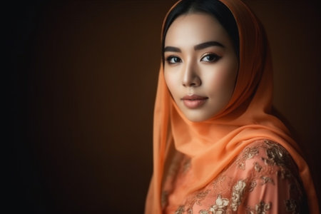 Portrait of beautiful asian muslim woman with hijab looking at cameraの素材
