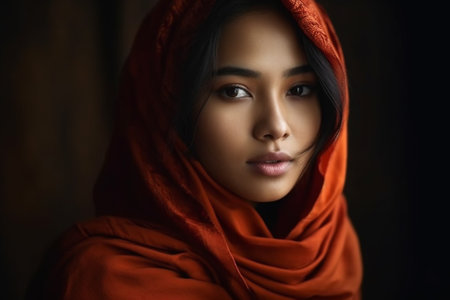 Portrait of a beautiful asian muslim woman in red hijab.の素材
