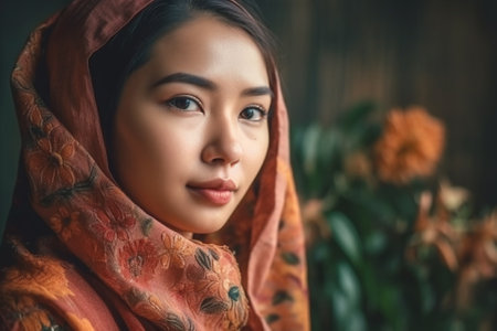Portrait of beautiful asian muslim woman with hijab, indoorsの素材