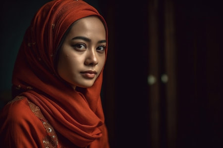 Portrait of beautiful young Asian muslim woman wearing red hijab.の素材