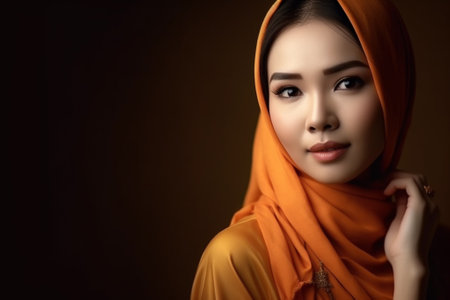 Portrait of beautiful asian muslim woman wearing yellow hijab.の素材