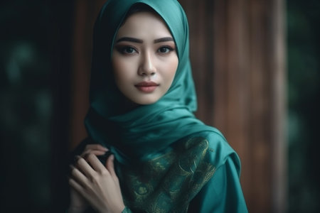 Portrait of a beautiful Asian muslim woman in green hijab.の素材