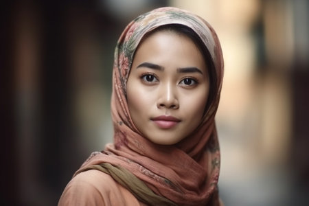 Portrait of a beautiful asian muslim woman wearing headscarfの素材