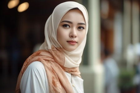 Portrait of beautiful muslim woman wearing hijab in the shopping mallの素材