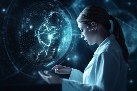 Young woman scientist working with futuristic hologram screen. Research and development concept. Double exposureの素材