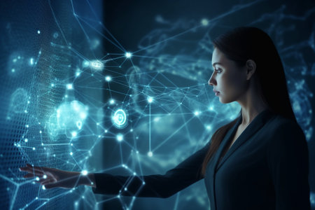 Businesswoman on dark background touching hologram screen with finger 3D renderingの素材