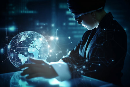 Close up of businesswoman using tablet pc and global network hologramの素材
