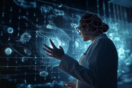 Young woman scientist in white coat and glasses touching icon of media screenの素材