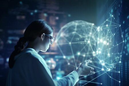 Young woman scientist working with virtual panel and network hologram. Mixed mediaの素材