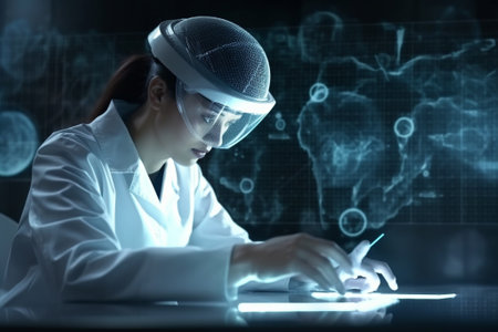 Young woman scientist using tablet pc in dark laboratory. 3D renderingの素材