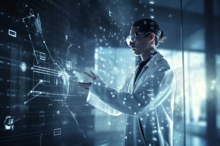 Young scientist in white lab coat and glasses working with virtual panel. Mixed mediaの素材