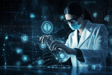 Woman scientist working with futuristic interface on dark background. 3D renderingの素材