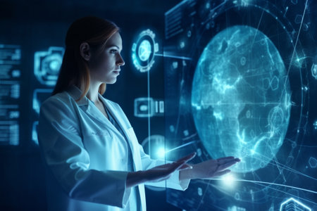 Young woman scientist in white coat working with futuristic interface. Double exposureの素材