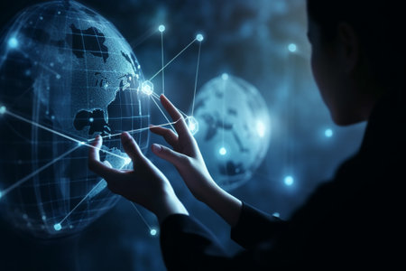 Businesswoman working with virtual world map on dark background. 3D renderingの素材