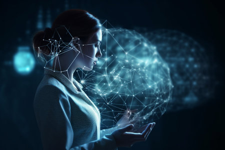 Young businesswoman and virtual brain hologram. Artificial intelligence concept. 3D Renderingの素材