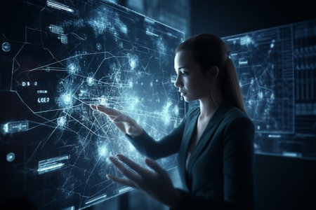 Businesswoman working with virtual panel on dark background. 3d renderingの素材