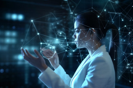 Businesswoman touching hologram screen on dark background. 3d renderingの素材