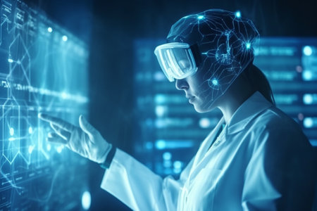 Young female scientist working with futuristic interface on dark background. Research and development concept. Double exposureの素材