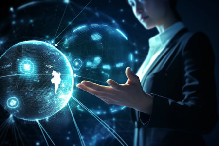 Businesswoman on blurred background using globe network hologram 3D renderingの素材