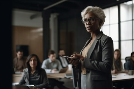Serious mature businesswoman using mobile phone while standing in conference roomの素材